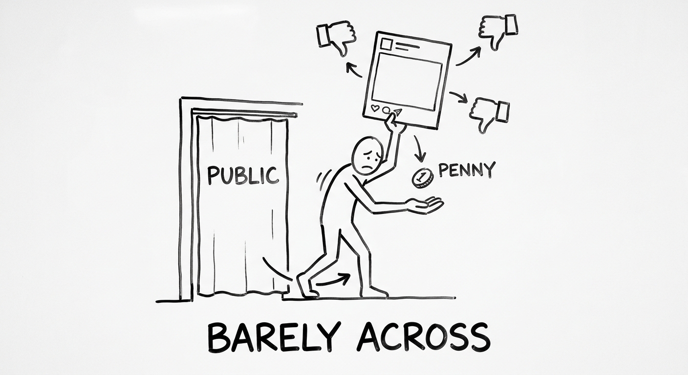Stick figure barely past the curtain, holding up a social post, getting thumbs-down reactions and earning a single penny