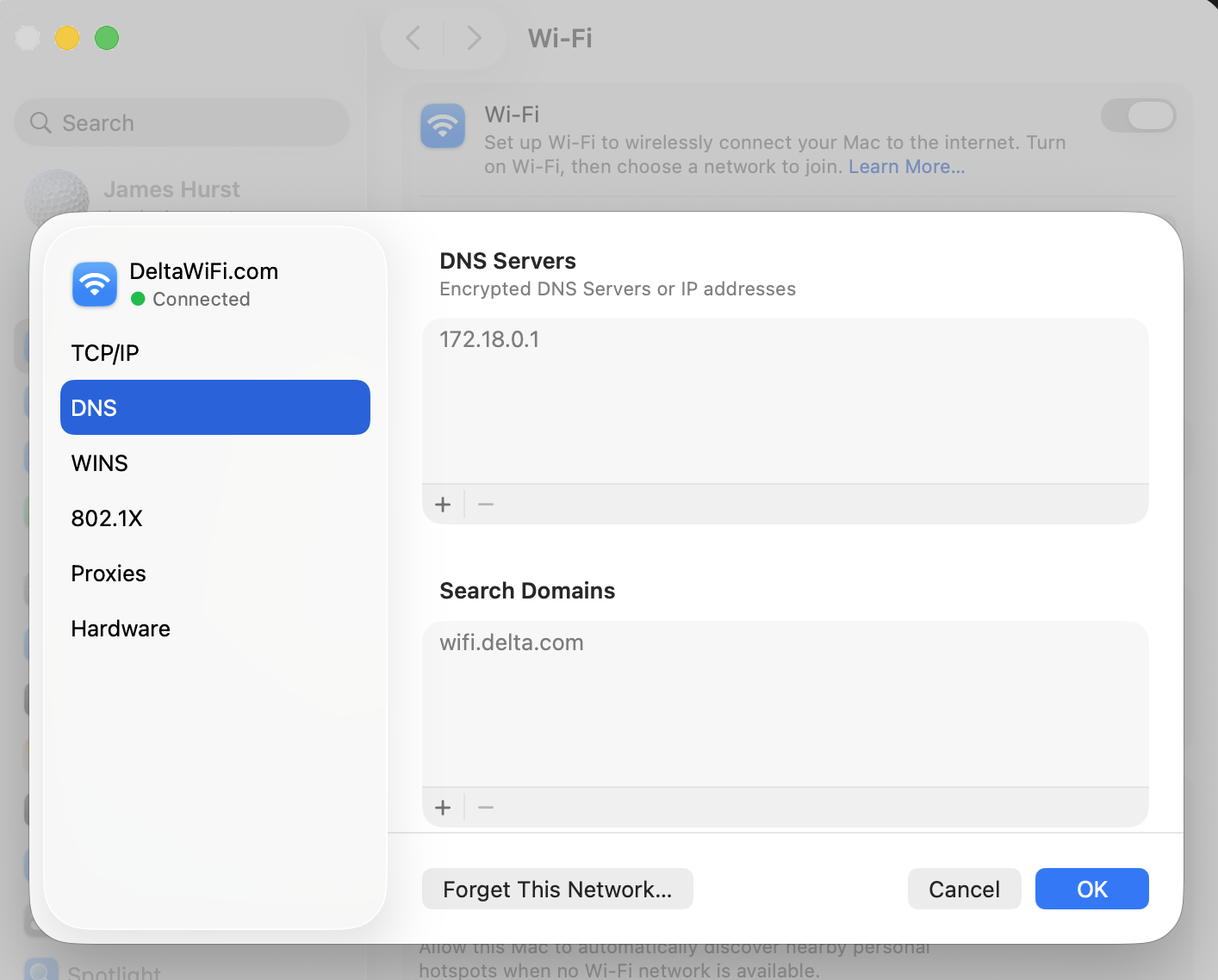 DNS tab in WiFi Settings showing 172.18.0.1 assigned by DHCP
