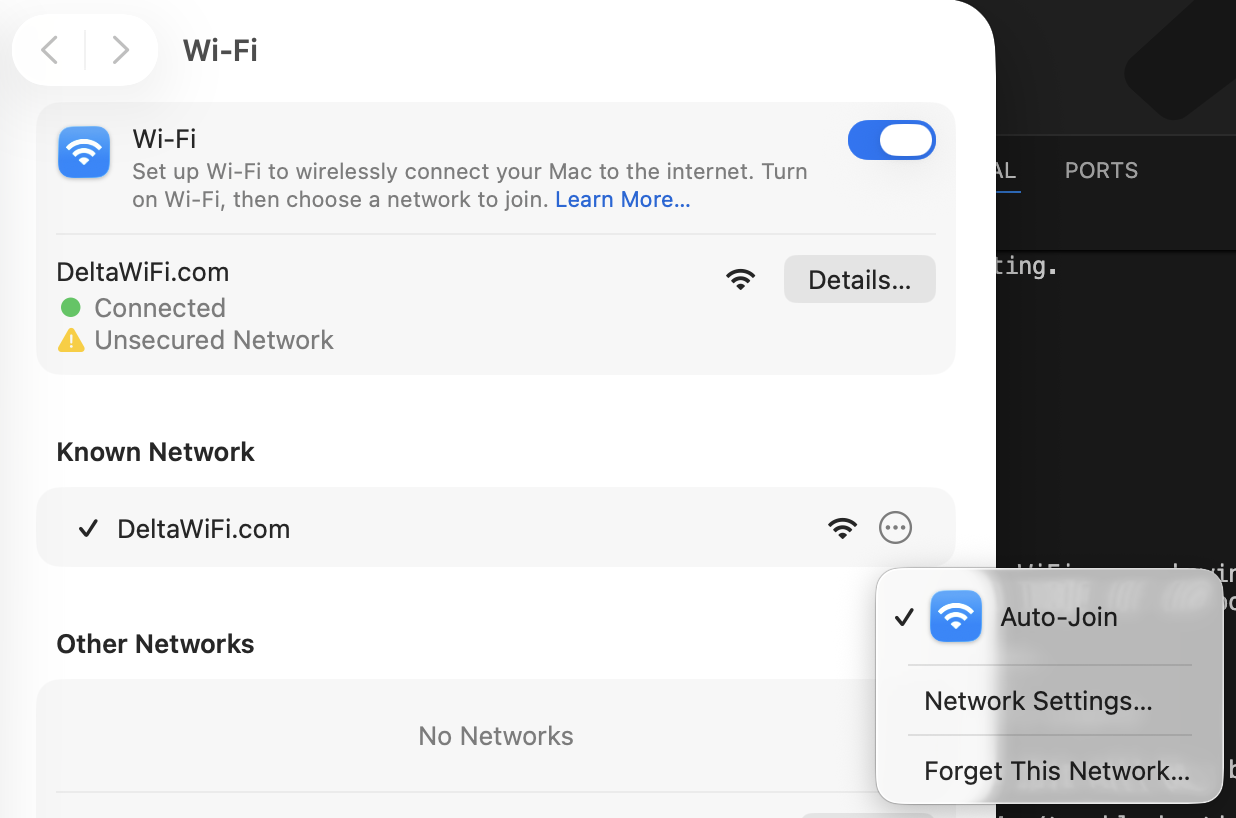 WiFi Settings showing DeltaWiFi.com connected with Forget This Network option