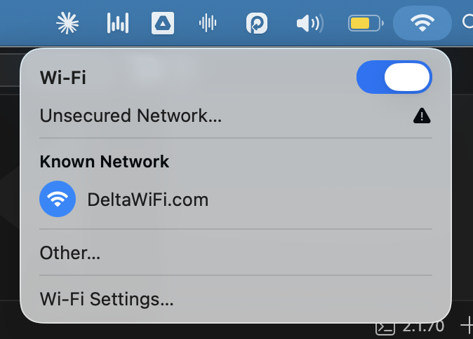 WiFi menu showing the warning triangle next to DeltaWiFi.com