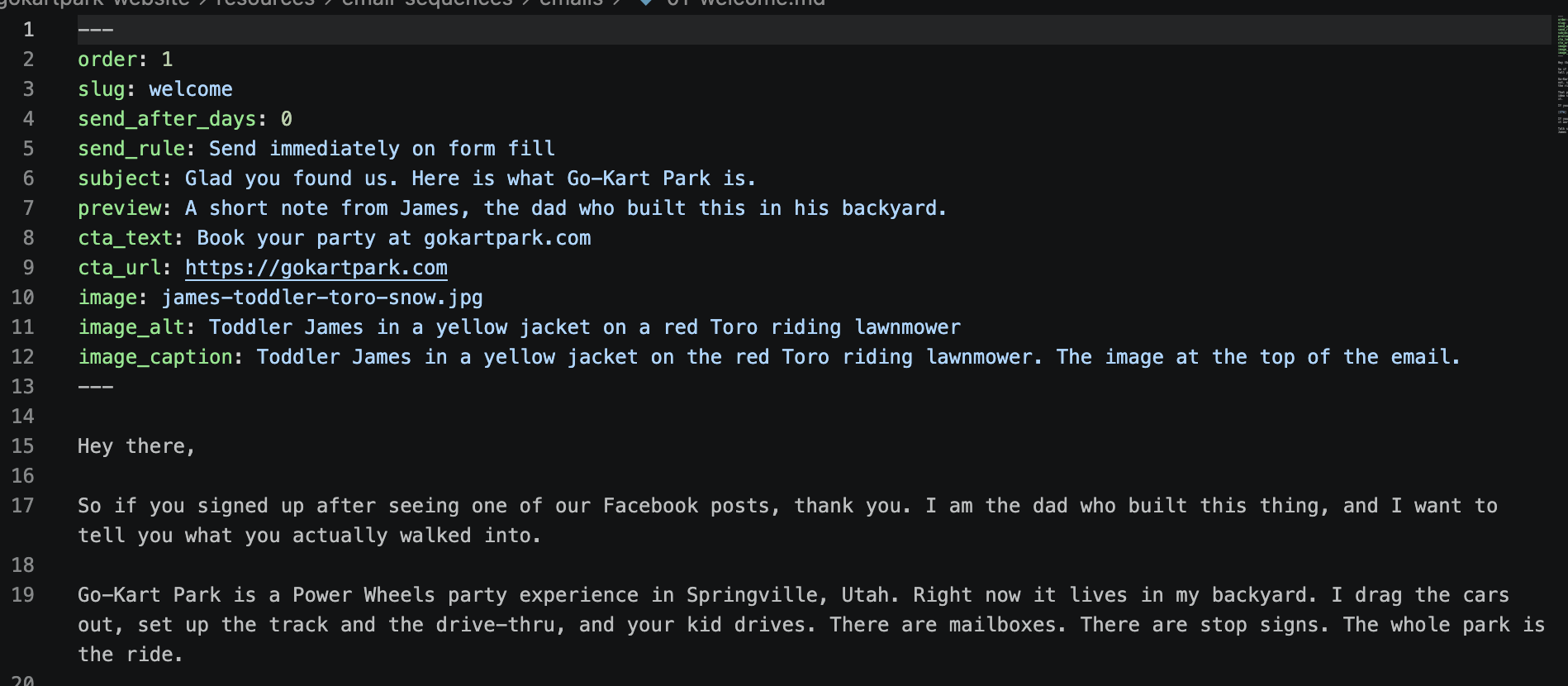 The 01-welcome.md file open in VS Code, showing frontmatter at the top defining order, subject, preview, CTA, and image, with the markdown body underneath