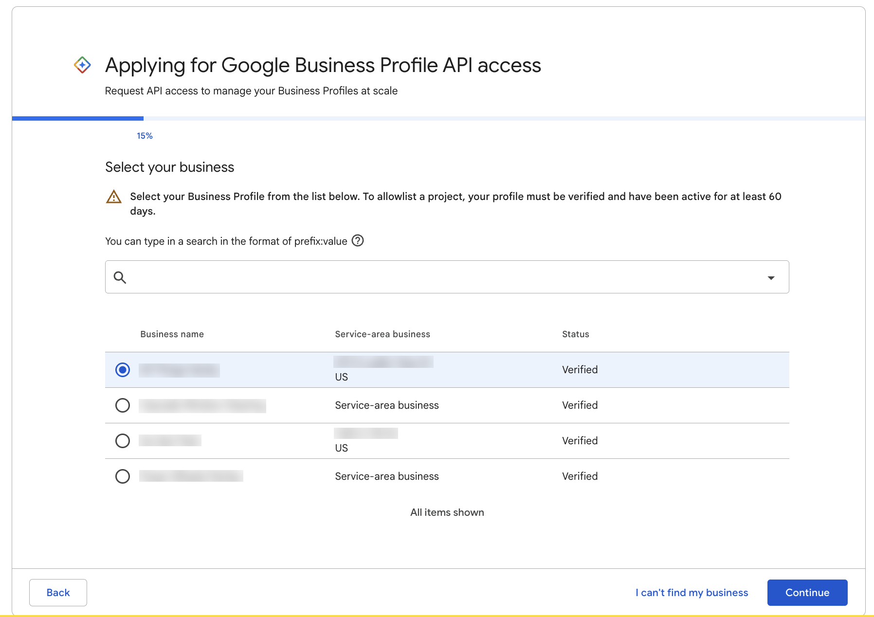 Select your business screen with the 60-day eligibility warning visible