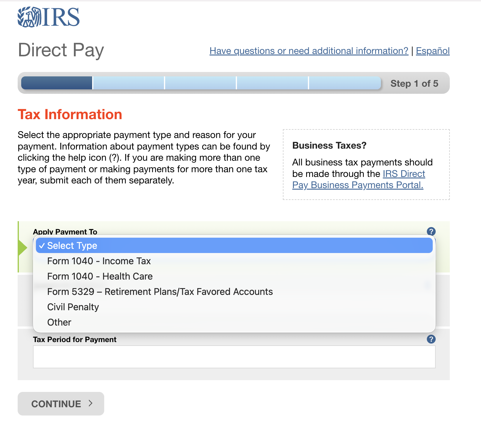 All selections filled in with Continue button