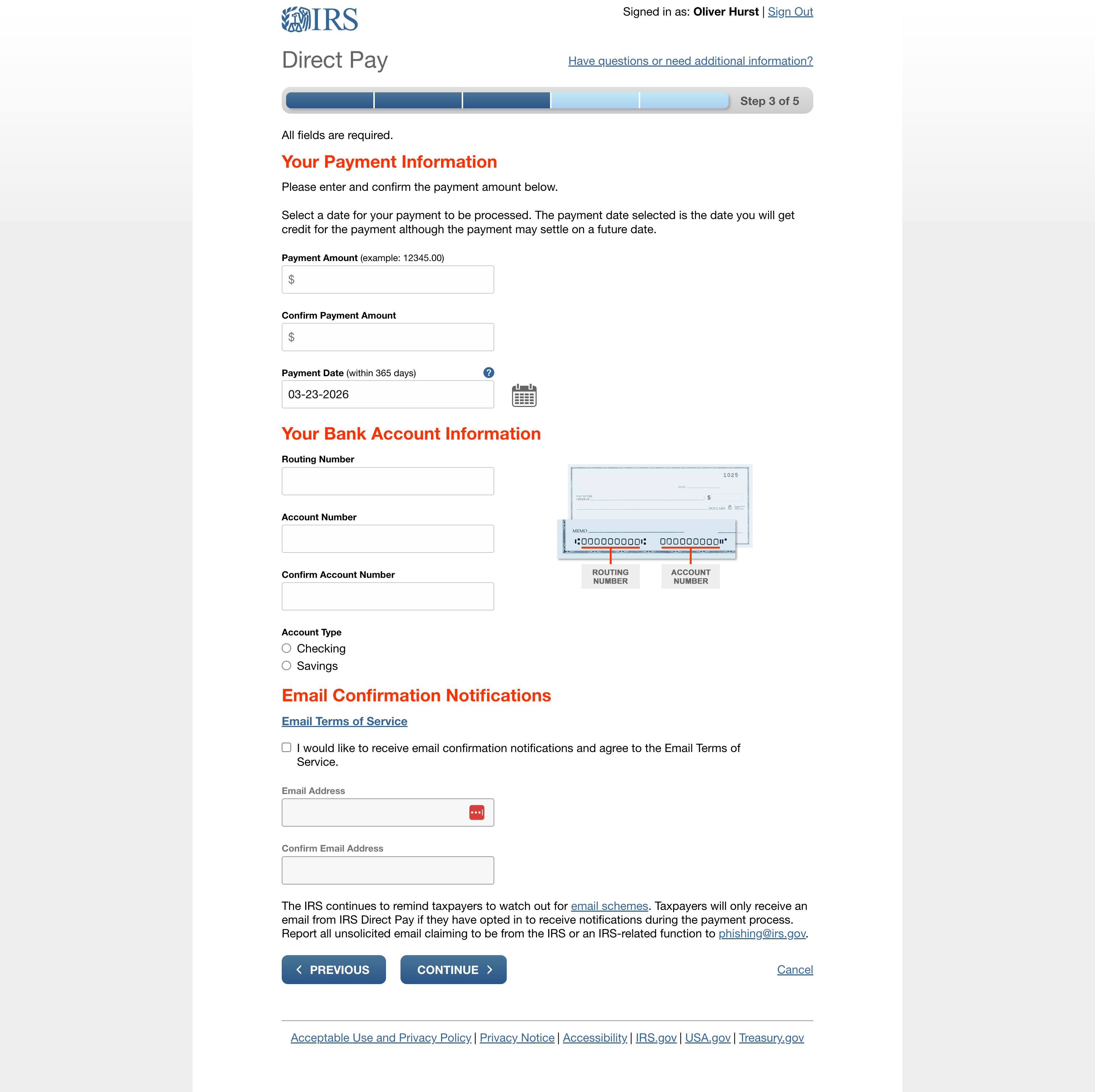 Payment information form with amount, bank details, and email fields