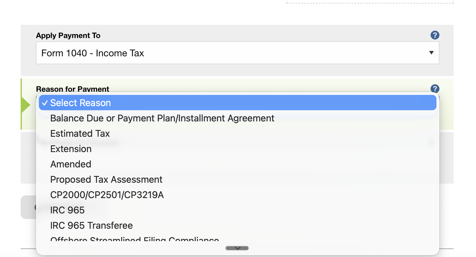 Apply Payment To dropdown showing Form 1040 Income Tax