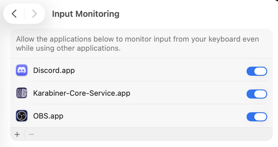 Input Monitoring settings showing Karabiner-Core-Service.app toggled on