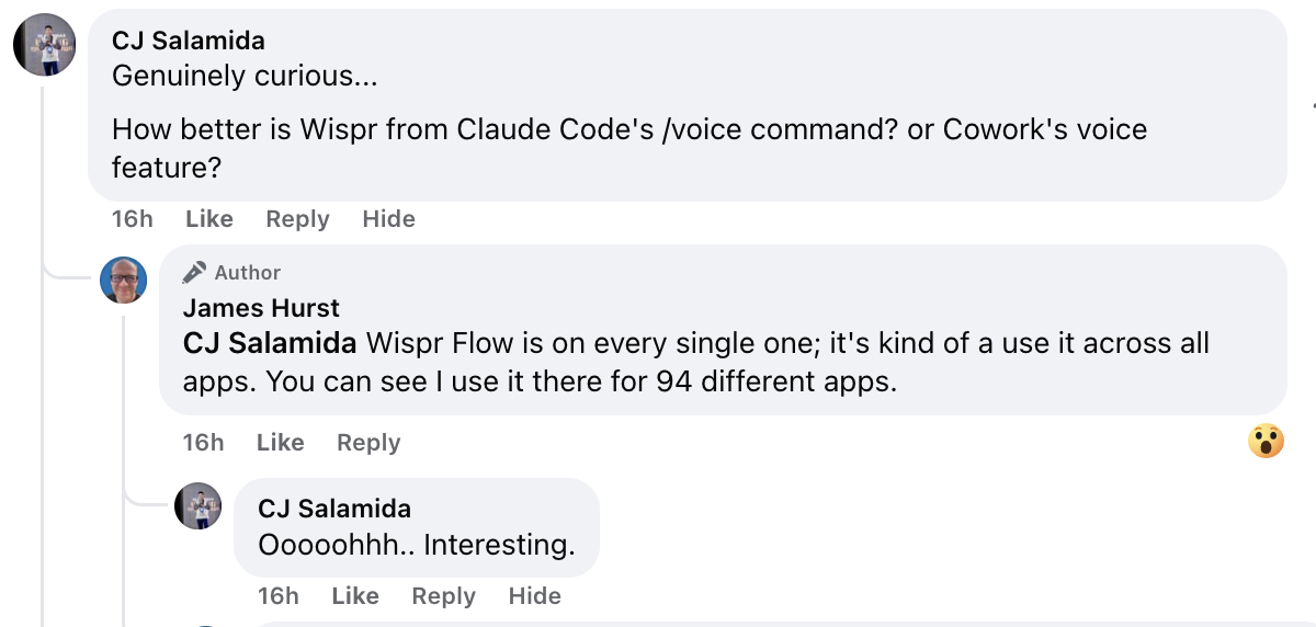 Facebook comment asking how Wispr compares to Claude Code voice