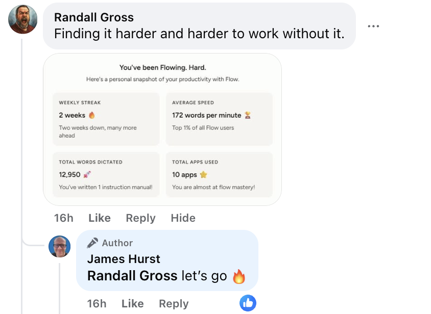 Randall Gross sharing his Wispr Flow stats - 172 WPM, top 1%, 12,950 words
