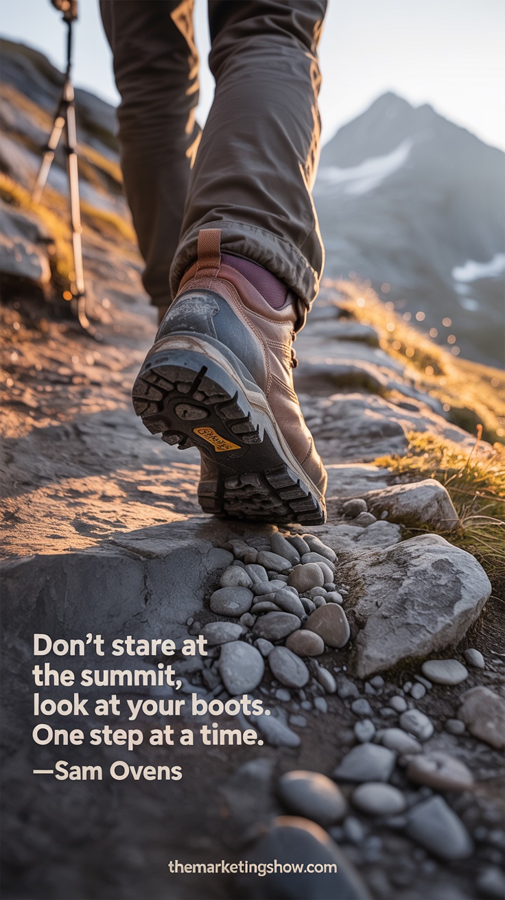 A photograph of weathered hiking boots captured mid-step on a rugged alpine trail, pebbles scattered around their worn leather. The boots, a rich mix of rain-darkened brown and scuffed grey, are angled slightly upward, showcasing their sturdy construction and hinting at countless journeys undertaken while 