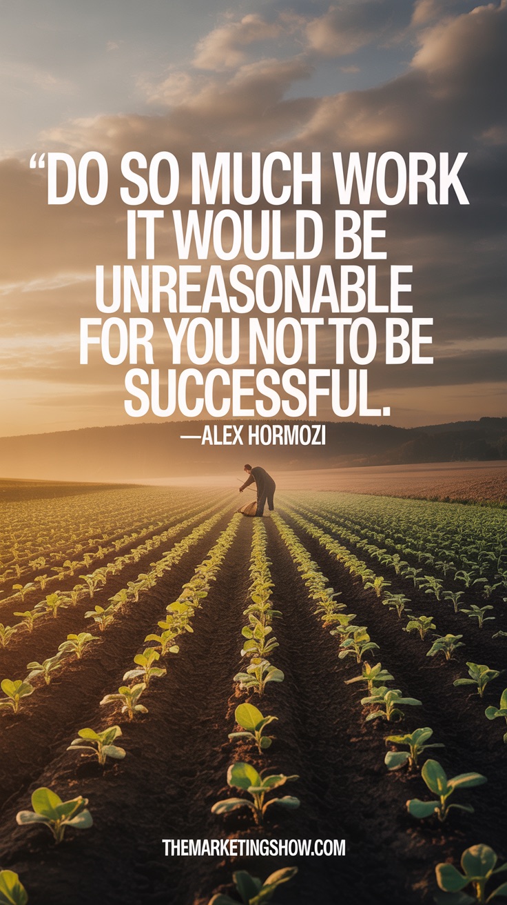 “Do so much work it would be unreasonable for you not to be successful.” —Alex Hormozi, portrayed as a vast field at dawn where countless seeds are being sown by a tireless farmer, each sprouting into glowing golden plants that stretch toward the rising sun. The mood is abundant, hopeful, and unstoppable, with warm hues of gold, amber, and soft morning light. The typography should be in a clean, highly readable sans-serif font (like Helvetica or Futura), bold and modern, placed across the horizon in glowing white for maximum clarity. The attribution “—Alex Hormozi” should appear just below in a smaller, neat version of the same font. At the very bottom center, include THEMARKETINGSHOW.COM in subtle, minimal, understated white text.