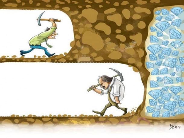 Cartoon illustration of two miners underground digging through dirt walls with pickaxes. The miner on top is still swinging with determination, while the miner on the bottom is walking away in defeat, unaware that he was just inches away from breaking through to a massive wall of shiny blue diamonds. Symbolic motivational concept about perseverance, persistence, and not giving up too soon.