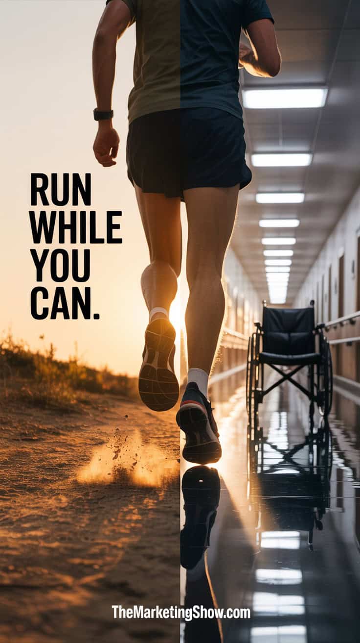 “Run while you can.” — cinematic motivational poster, vertical 4:5. Visual concept: a split-scene composition. Left side: a sunlit trail at golden hour, dust kicking up from the sneakers of a runner in mid-stride, powerful leg muscles in motion, glowing sky behind them, symbolizing freedom and vitality. Right side: dimly lit nursing home corridor in cool gray-blue tones, a wheelchair parked beside the wall under a flickering fluorescent light, empty and motionless, symbolizing inevitability. The two halves blend in the middle with a sharp diagonal transition—warm vibrant life versus cold stillness. High contrast lighting, textured realism, subtle film grain, emotional depth. Color palette: warm golden ambers and reds on the runner’s side; muted grays, pale blues, and faded whites on the nursing home side. Style: cinematic, photo-realistic, poignant and symbolic. Typography: quote placed large and centered across the top third in bold, clean, highly legible sans-serif (no cursive), pure white with subtle drop shadow for contrast; “Run” emphasized in slightly larger size or faint golden glow. No attribution. Place “THEMARKETINGSHOW.COM” small, uppercase, minimal, and understated at the very bottom center in light gray. High-resolution, poster-quality, award-winning photography style.