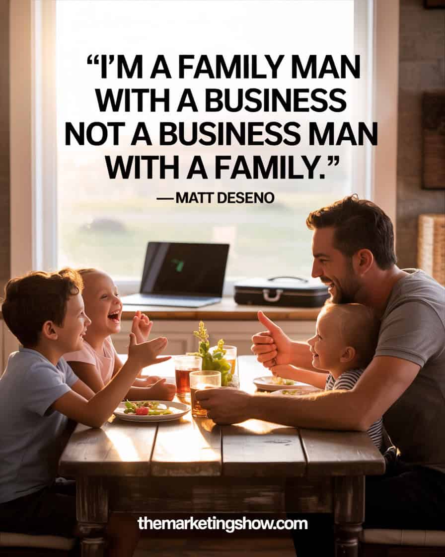 “I’m a family man with a business NOT a business man with a family.” —Matt Deseno. A warm, cinematic scene of a man sitting at a dinner table with his family, soft golden evening light filling the room, children laughing, and subtle symbols of business (like a closed laptop and briefcase) pushed off to the side. The mood is heartfelt, authentic, and grounded in love and connection. Typography is clear, bold, and modern, placed at the top center, easy to read and not overly decorative. Attribution “—Matt Deseno” appears in smaller text beneath the quote. At the very bottom center, include “THEMARKETINGSHOW.COM” in a minimal, subtle, clean style.